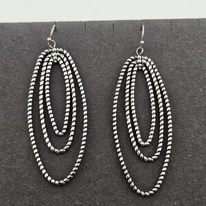Silver Tone Triple Oval Hoop Dangle Drop Earrings Black Bezel Elevated Basic